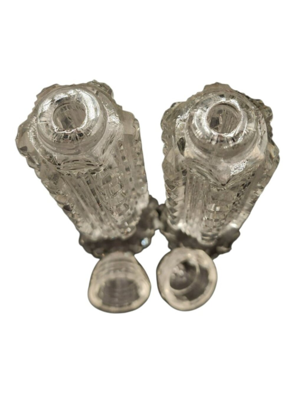 EAPG Diamond Point Glass Salt & Pepper Shakers 5" Tall Glass Caps Antique - Picture 5 of 5